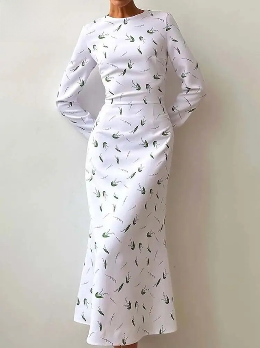 Casual New White Print Dresses For Women Elegant Wrist Sleeve High Waist Dresses Fashion Slim Mid-Calf Dress Streetwear