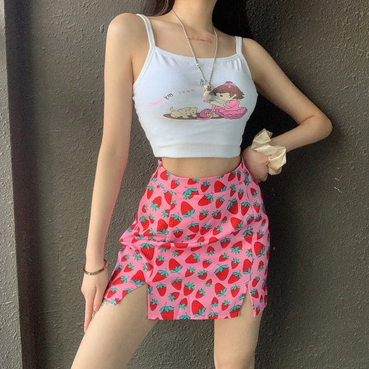 Cute strawberry printed high waist a-line skirt