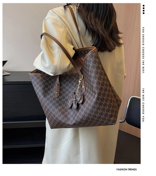 Vintage Print Large Tote Handbags For Women 2023 Trend Luxury Designer PU Leather Shopper Commuting Work Shoulder Bags