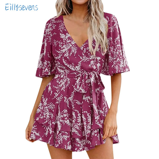 Women'S Dress Jumpsuits Fashion Trend V Neck Waist Lace-Up Bell Sleeves Tiered Pleated Jumpsuits Fresh Floral Dress Rompers