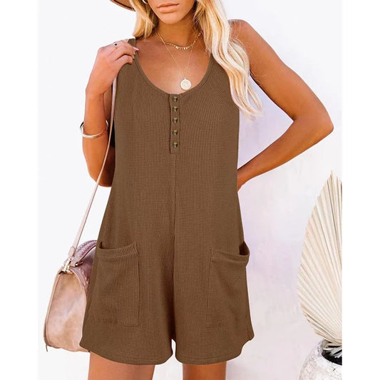 Women Sleeveless Jumpsuits Summer Vintage Solid Large Pocket Loose Shorts Rompers Female Casual One Piece Outfit Clothes