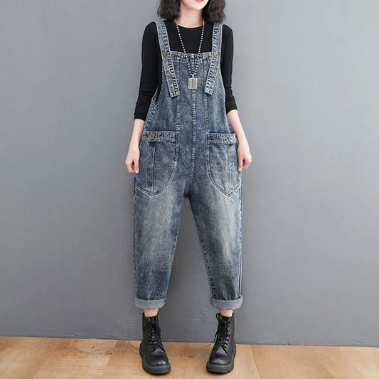 Vintage Ground White Denim Overalls Women's Spring Fall Plus Size High Waisted Loose Wide Leg Rompers Female Cowboy Romper Trend